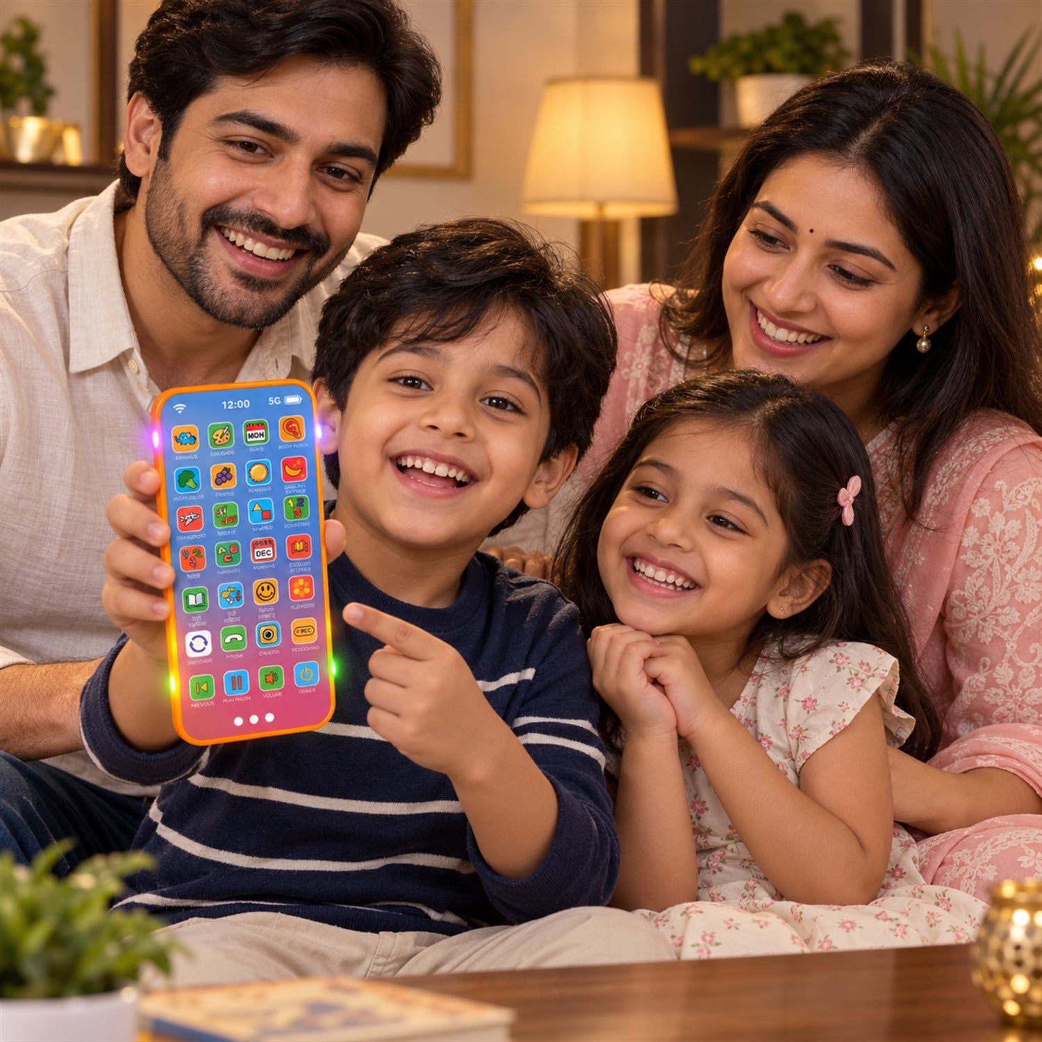 A family of four smiles, with the young boy in front holding up the bright toy phone, pointing at its colorful screen.