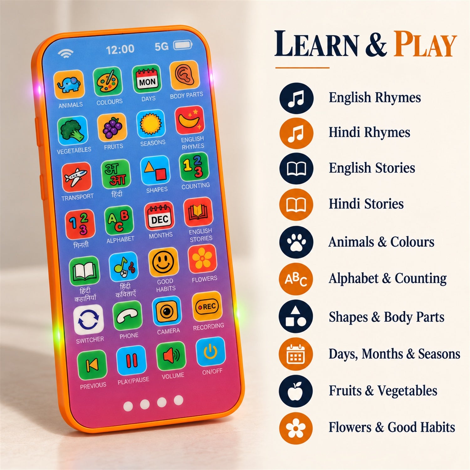 Child engaging with kids learning mobile phone toy for learning