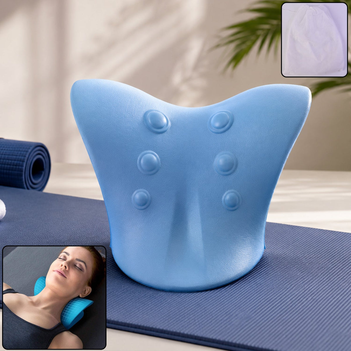 Blue neck and shoulder relaxer pillow supporting neck with acupressure bumps