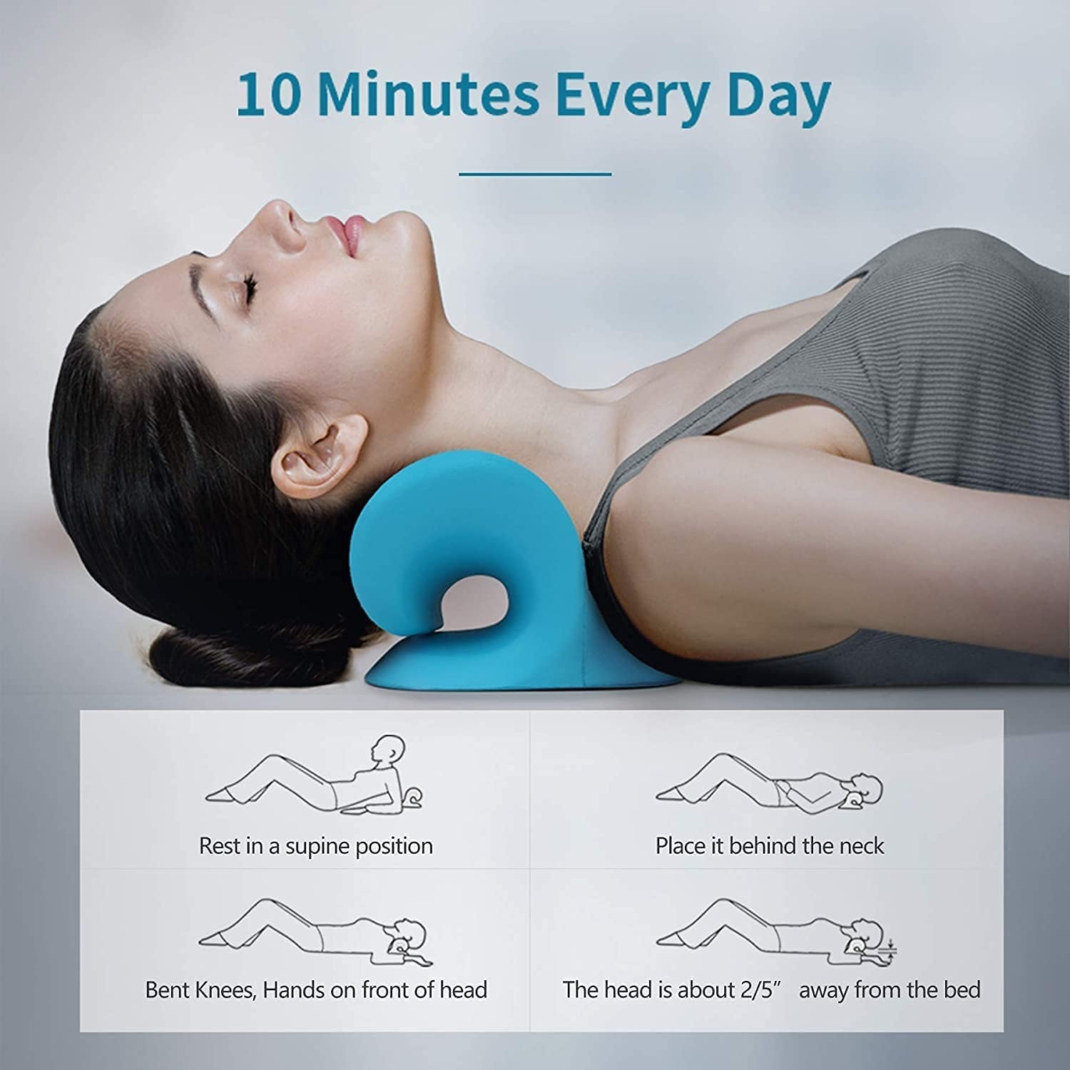 Side view of blue neck relaxer pillow for tension relief