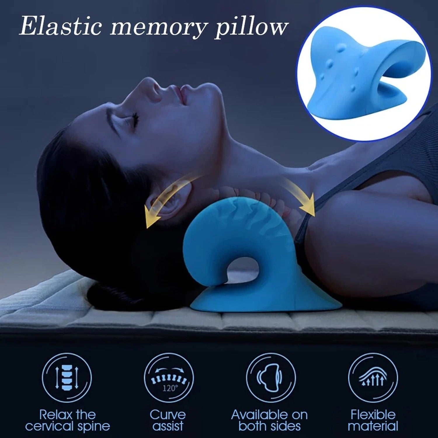 Blue cervical support pillow on a flat surface