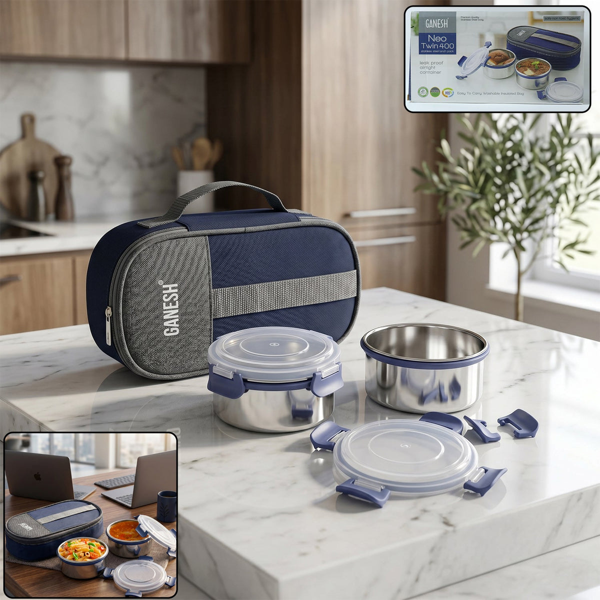 Ganesh Neo Twin 400 Lunch Box Set with Insulated Carry Bag (1 Set)