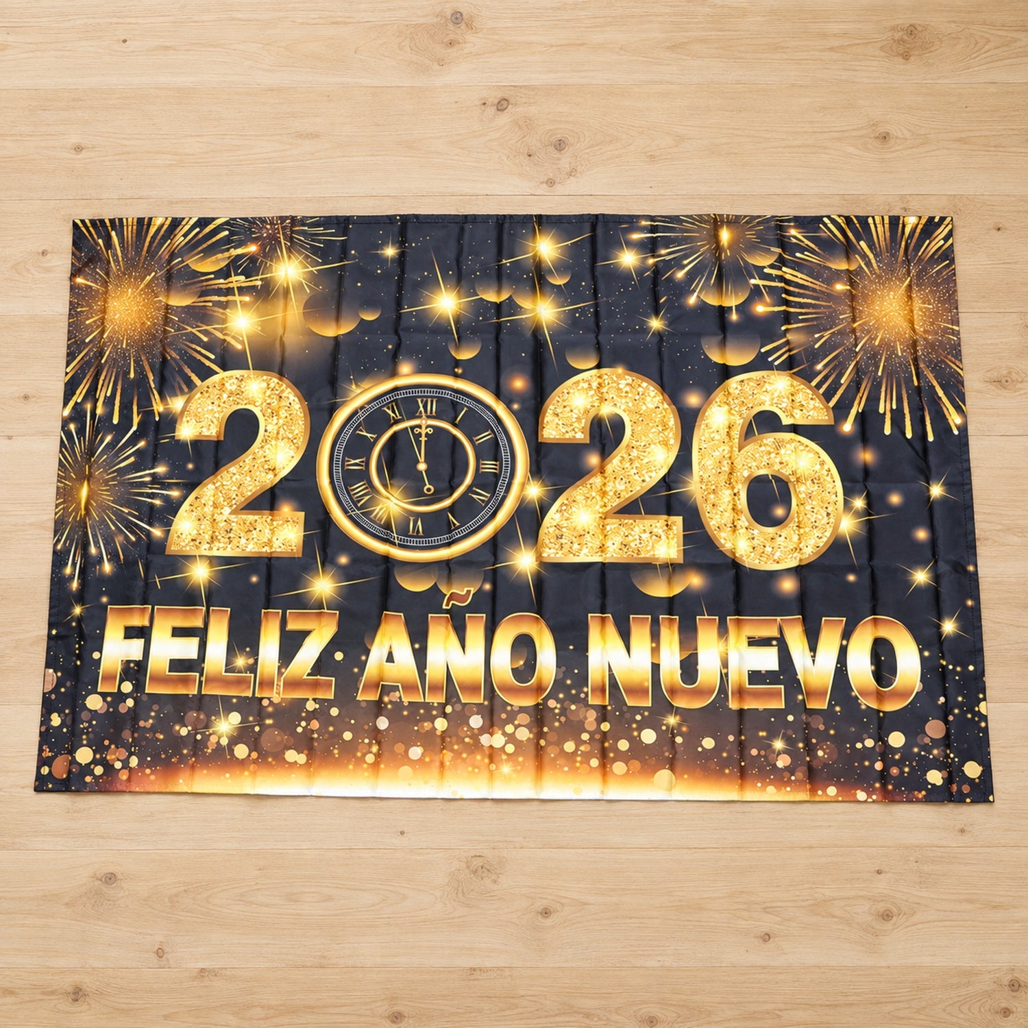 2026 Feliz AÃ±o Nuevo printed backdrop displayed on a light wooden wall