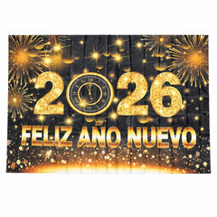 2026 Feliz AÃ±o Nuevo backdrop with gold fireworks and clock artwork on white