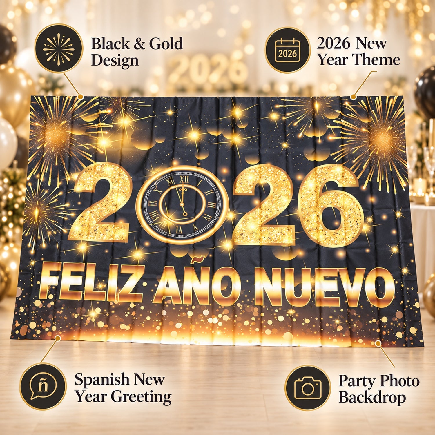 2026 New Year backdrop infographic highlighting black and gold print and Spanish greeting