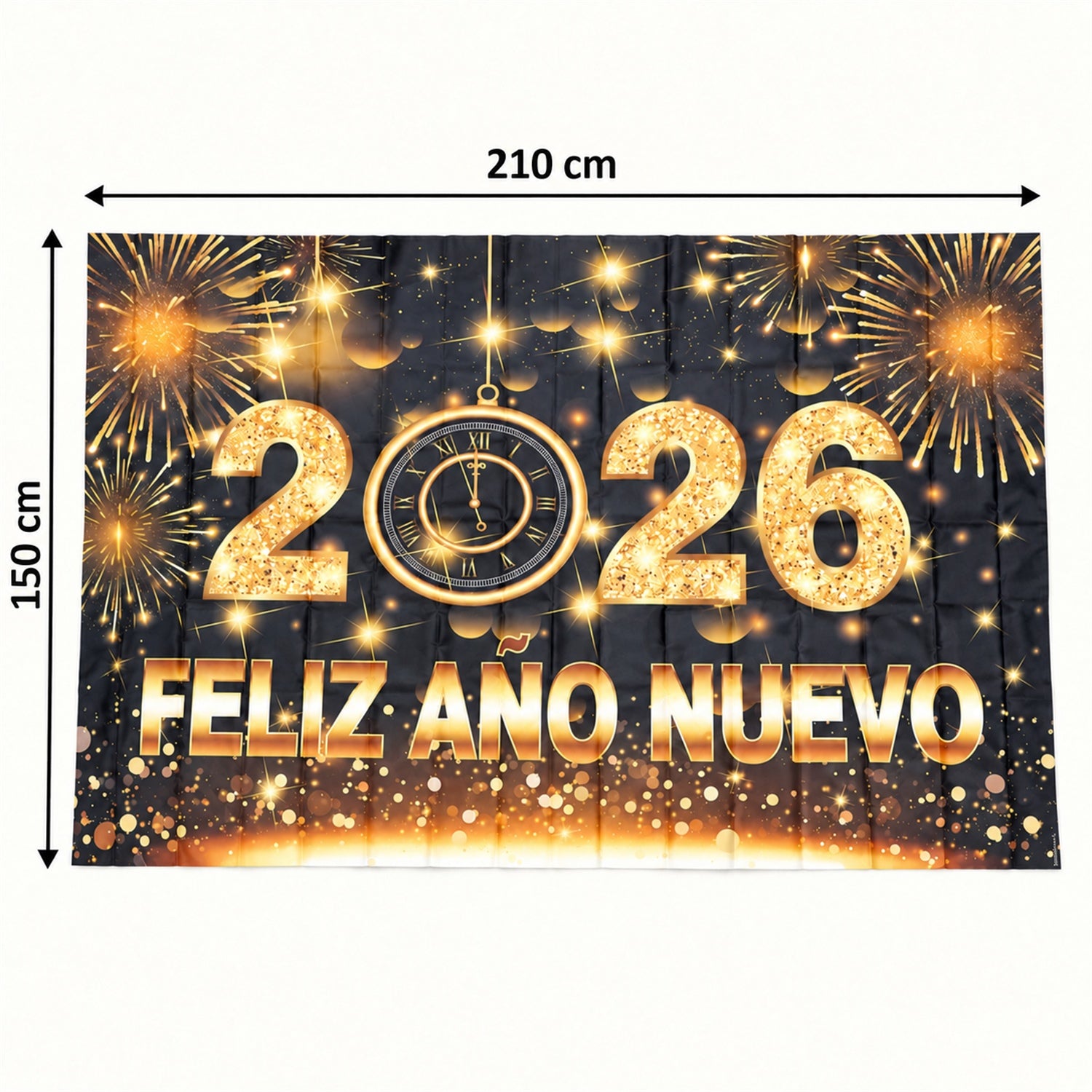 2026 New Year backdrop dimension guide showing 210 cm width and 150 cm height