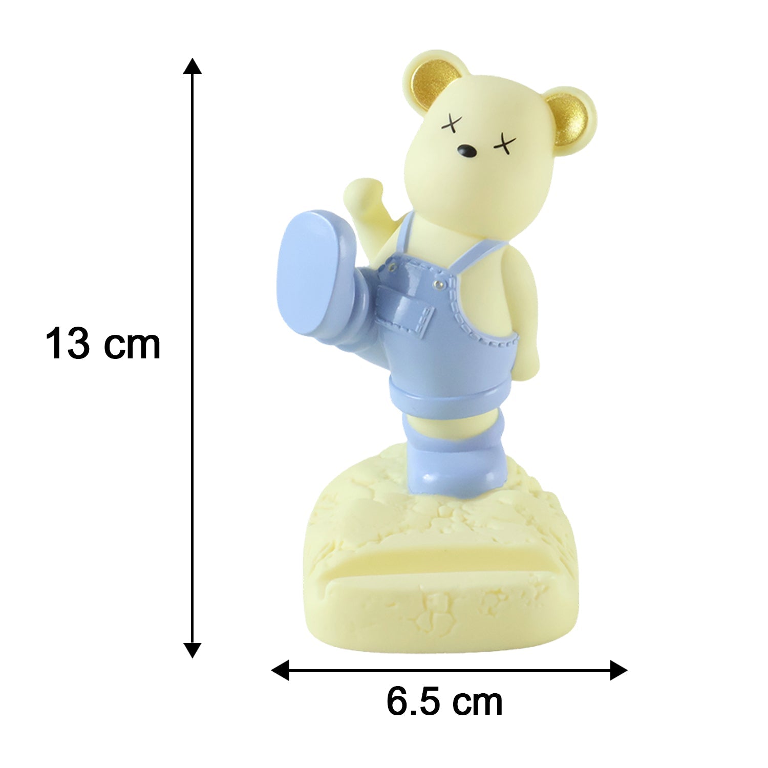 A light yellow bear phone stand with blue overalls, showing dimensions of 13 cm height and 6.5 cm width.
