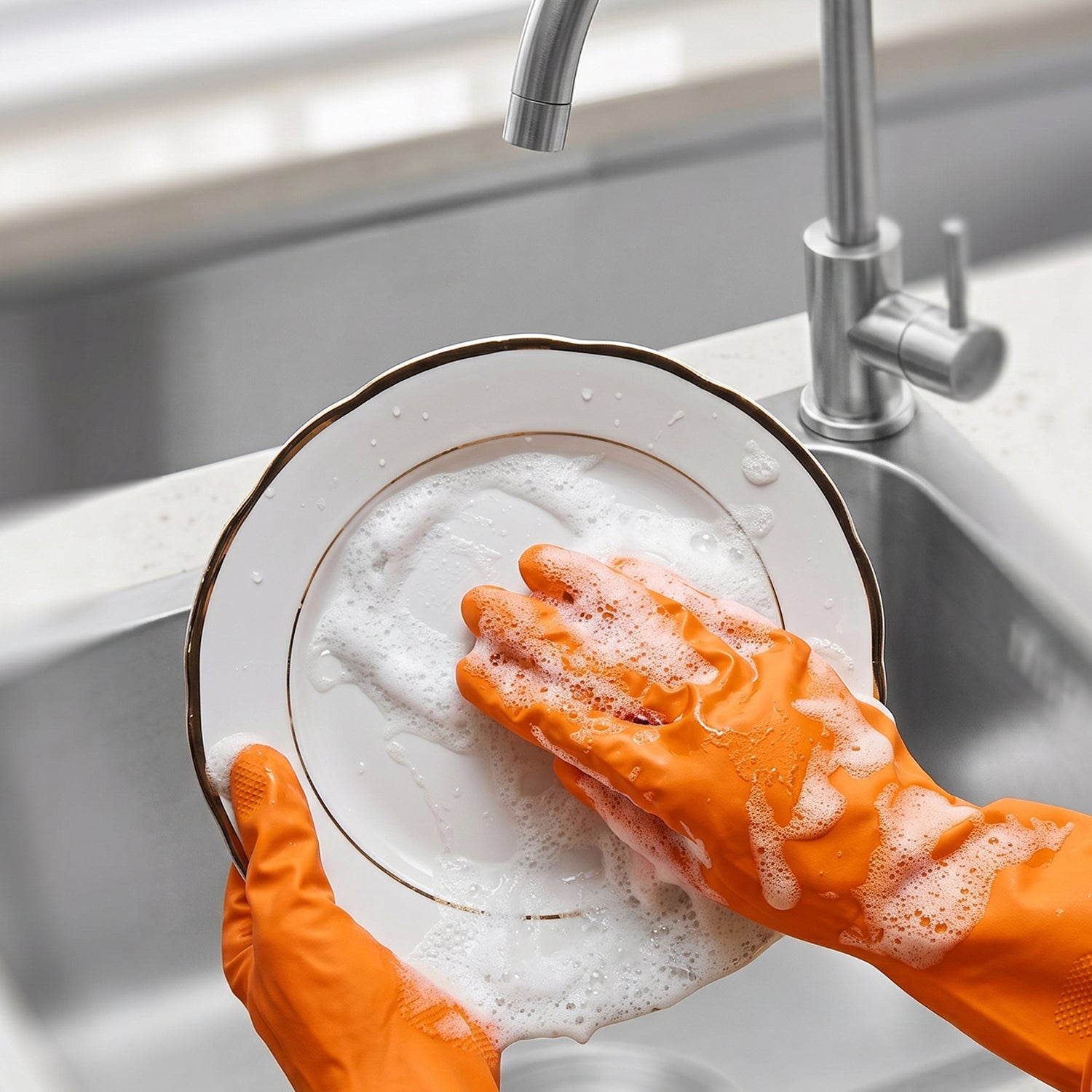 Orange gloves used for kitchen washing