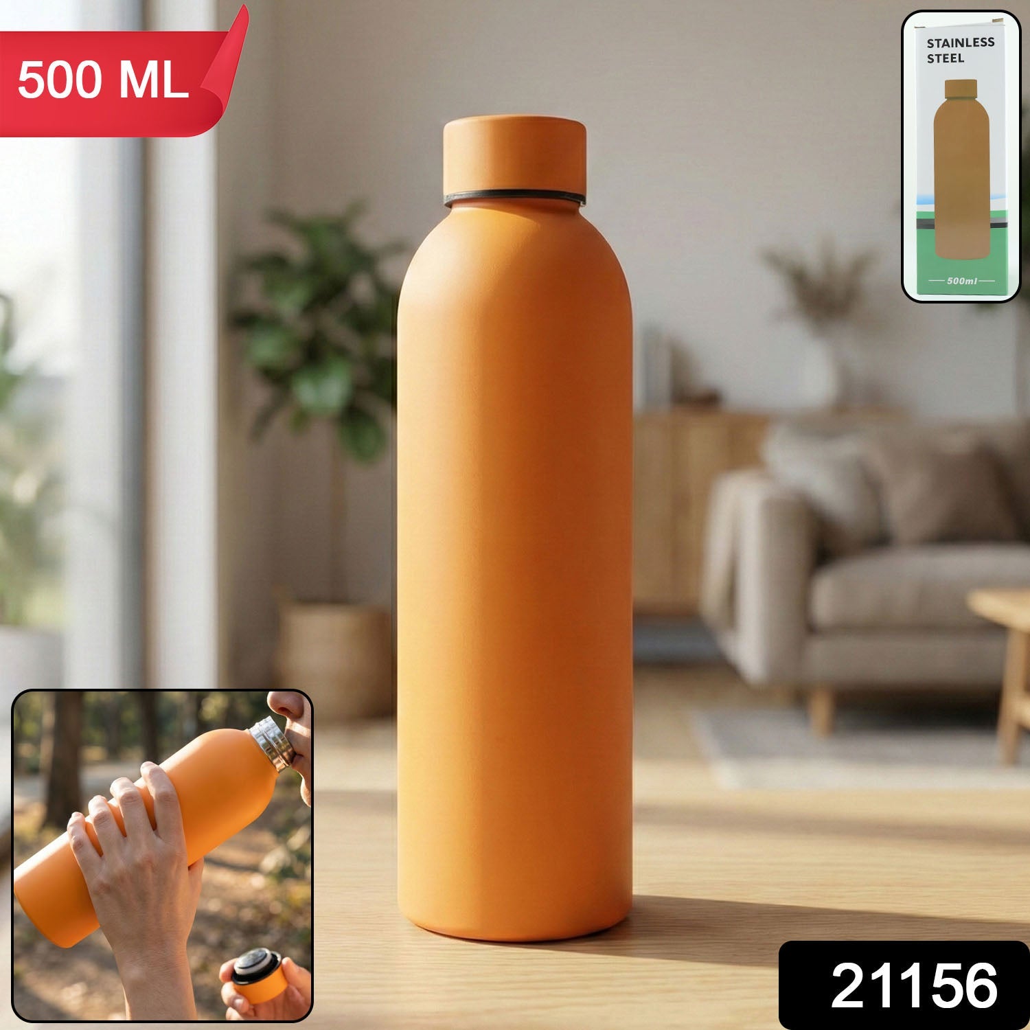 Stainless Steel Double Wall Vacuum-Insulated Drink Water (Orange / 500 ML Approx)