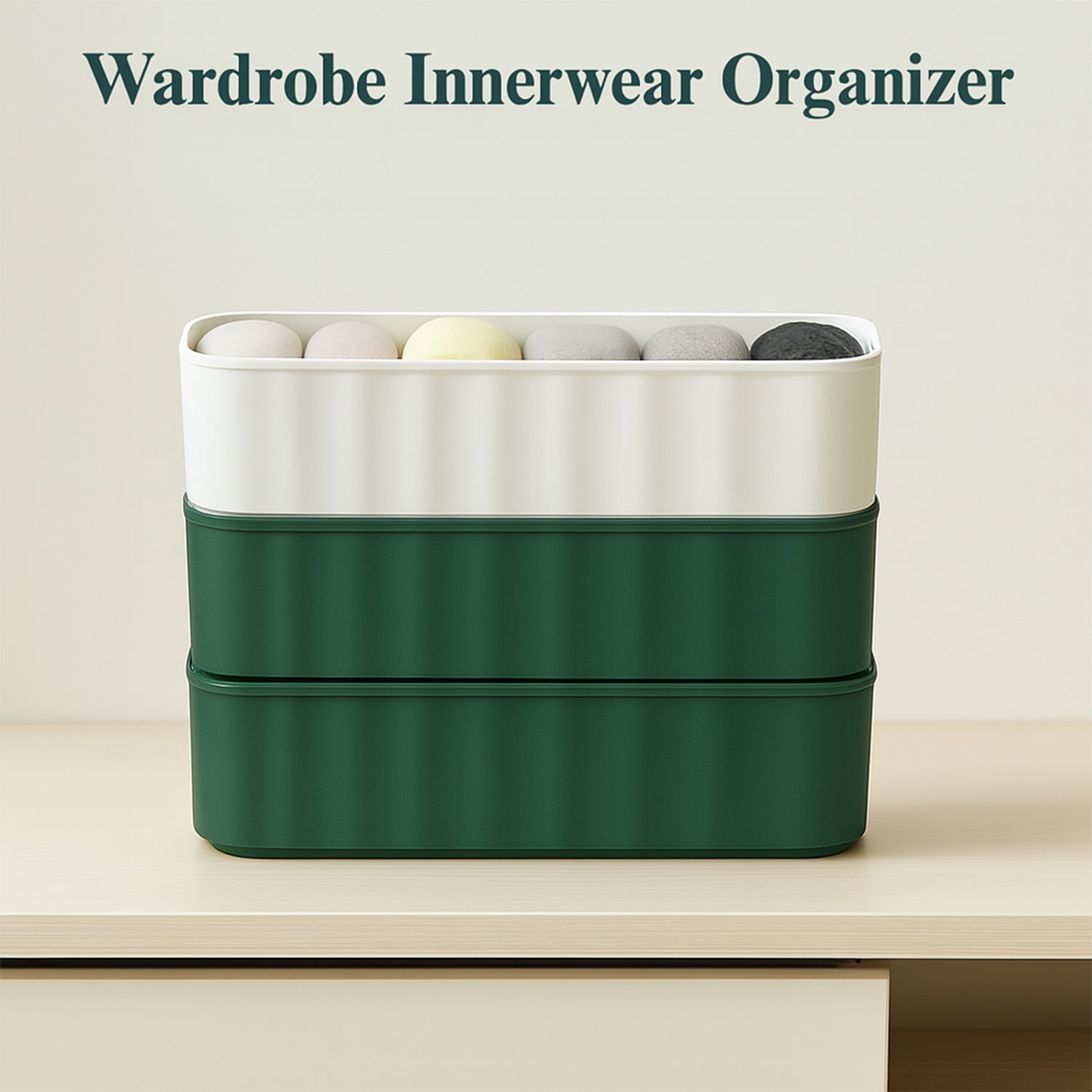 Four 5-compartment drawer organizers in a stack, viewed from an angle