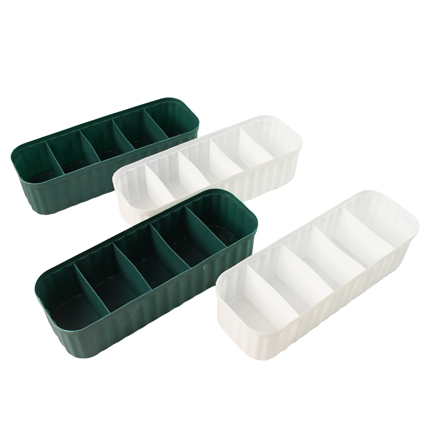 Four stackable 5-compartment drawer organizers displayed empty