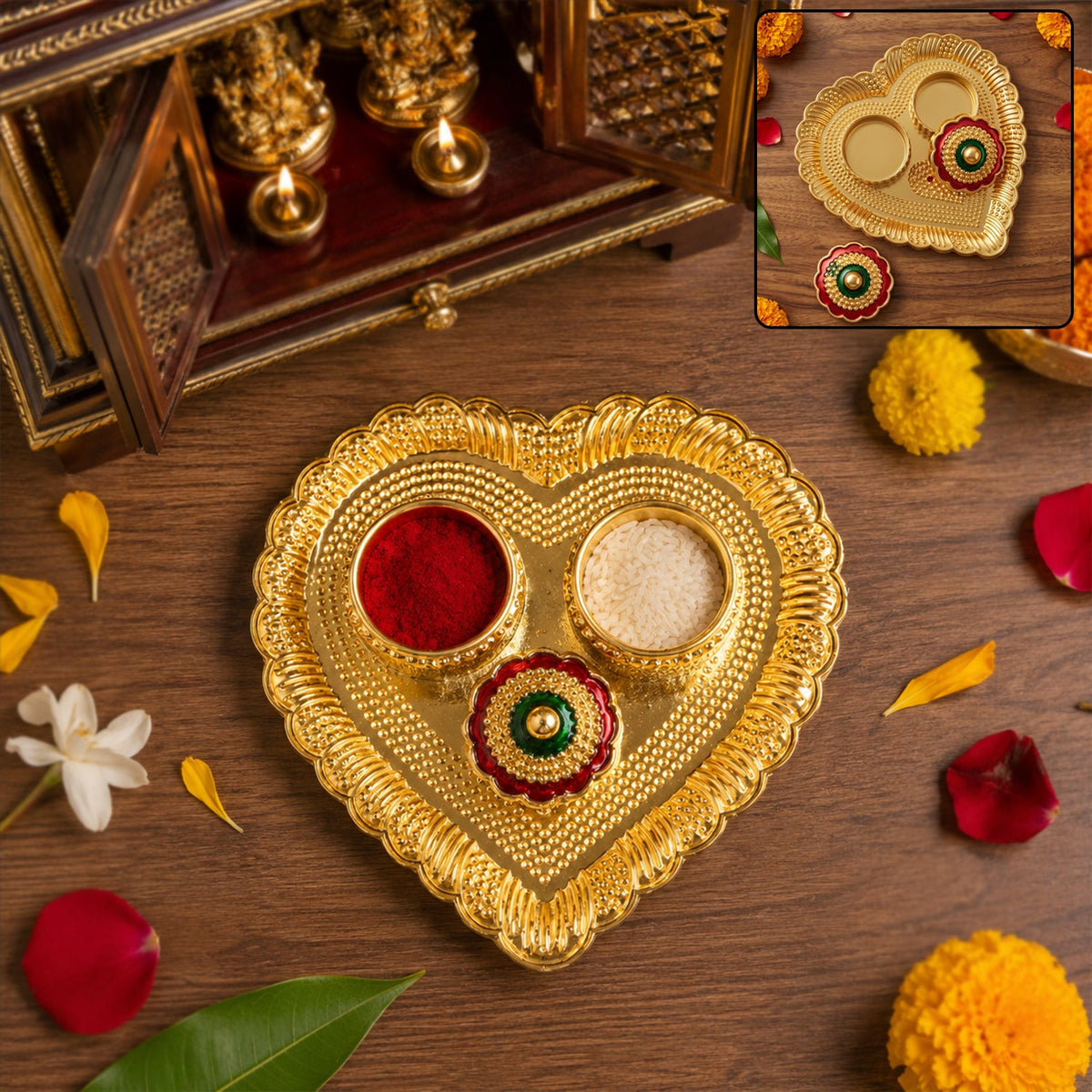Heart shape golden kumkum holder with meenakari flower lid for festive pooja rituals