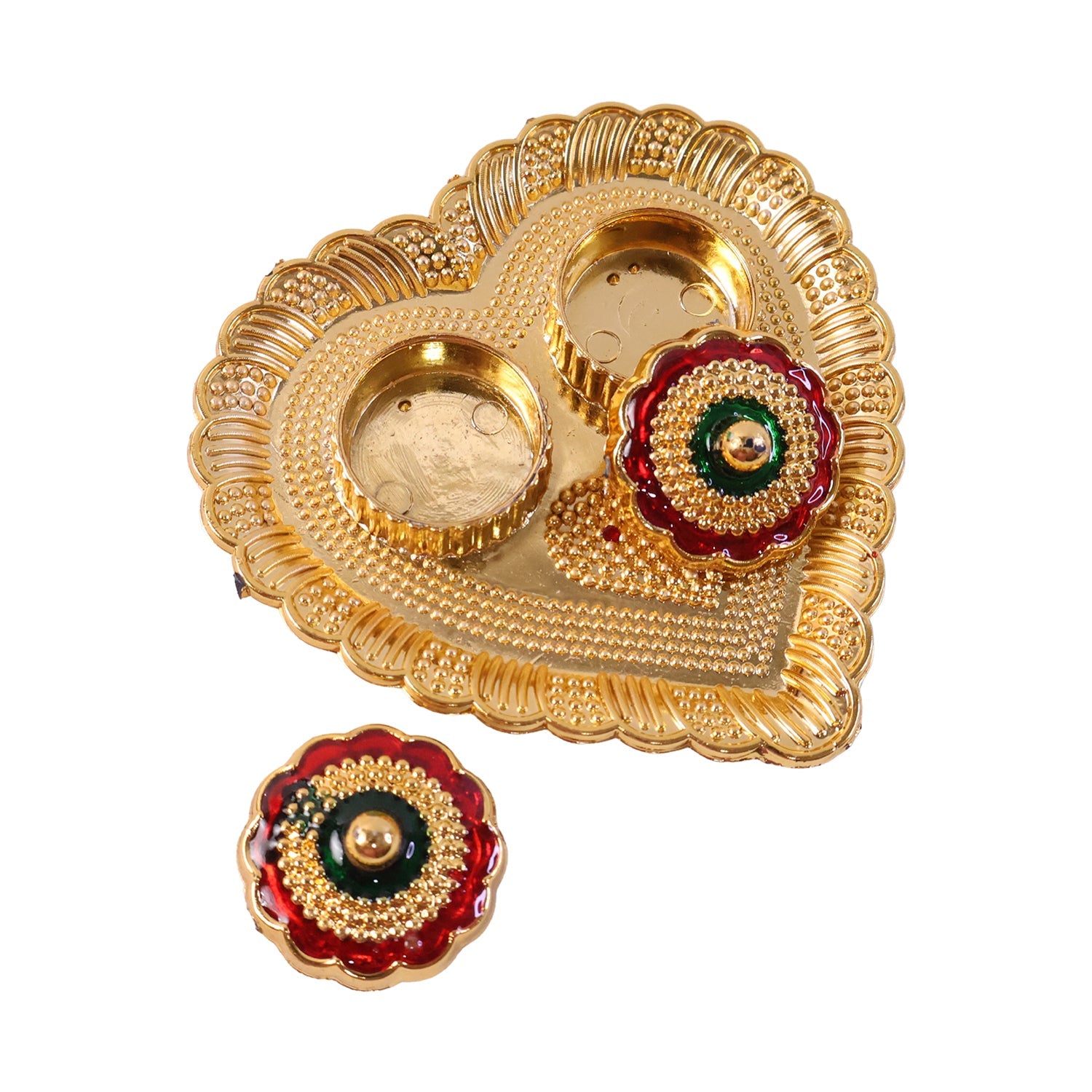 Compact and decorative golden kumkum holder for daily puja accessories