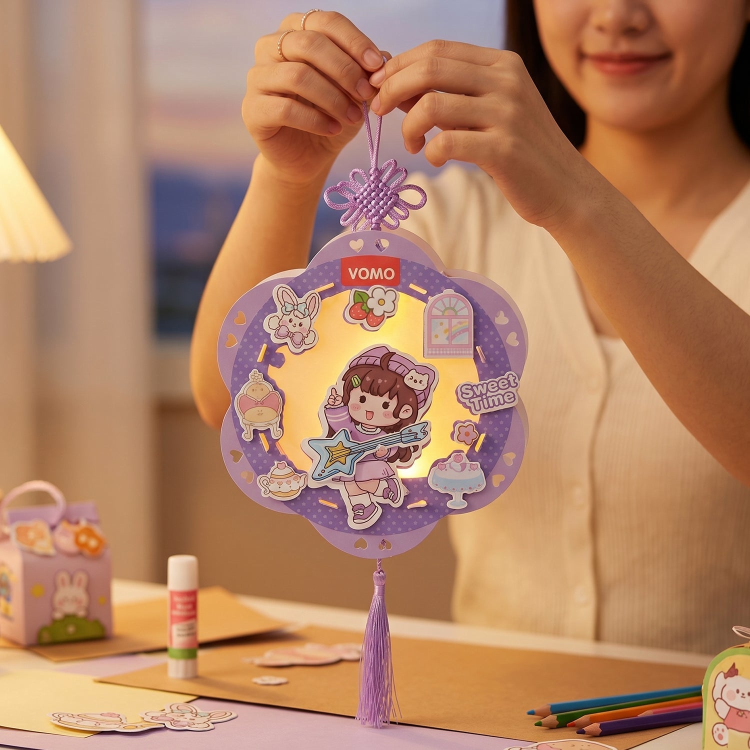 Decorative colored paper lantern creating a soft ambient light
