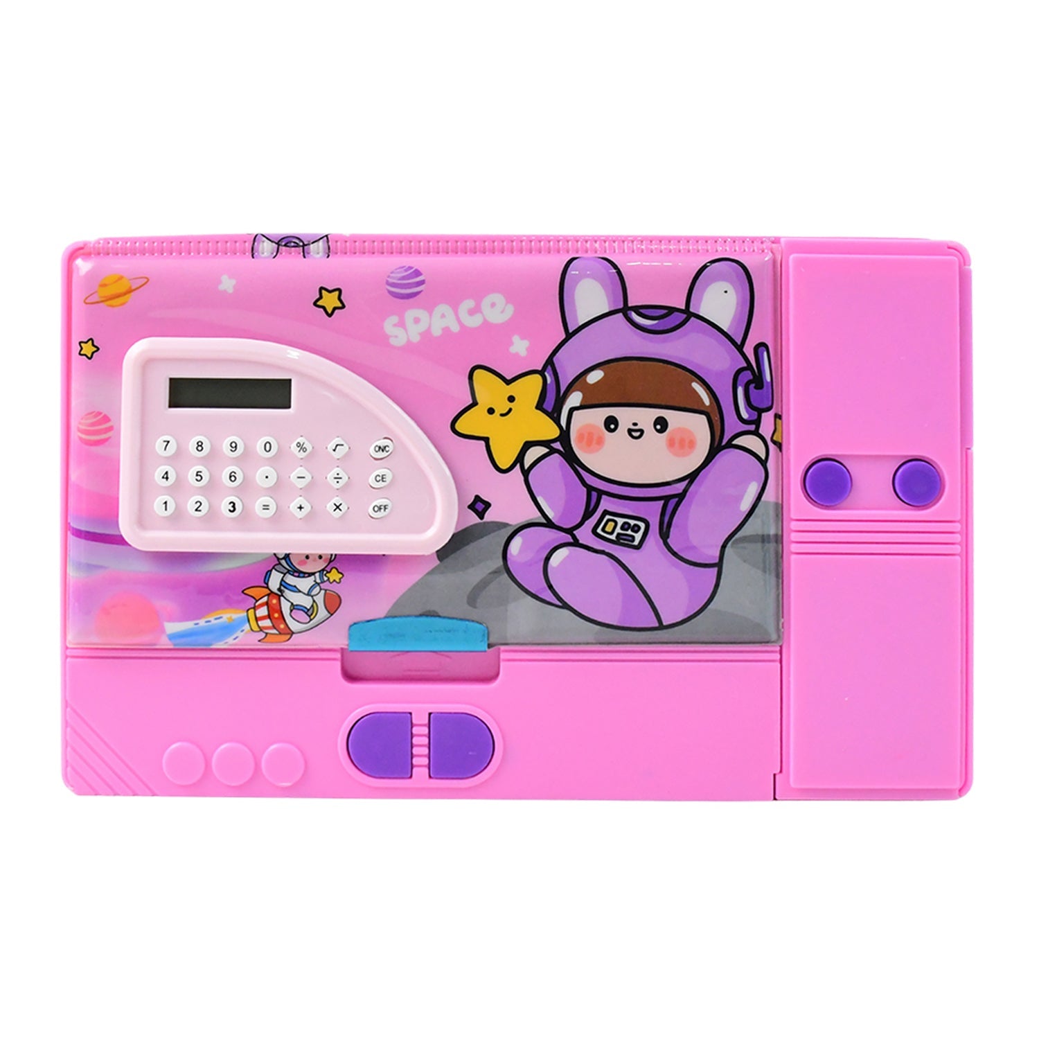 Multi-Functional Space Theme Pencil Box with Built-in Calculator (1 Pc)