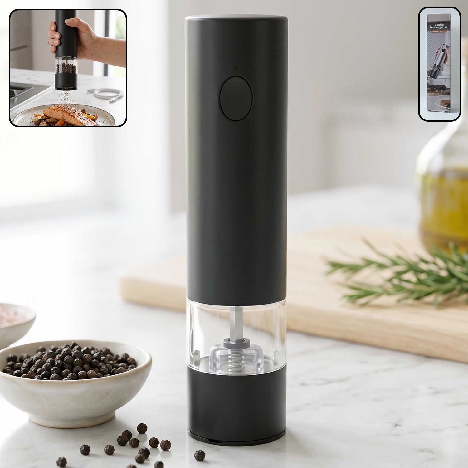 Modern electric pepper grinder with USB recharge feature and clear chamber