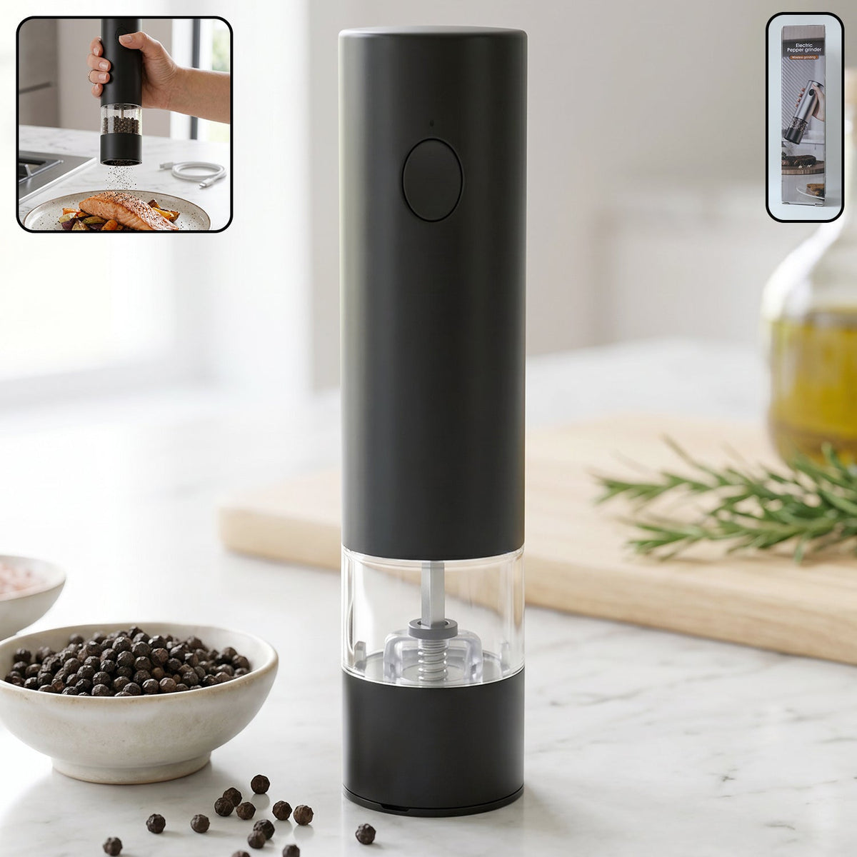 Modern electric pepper grinder with USB recharge feature and clear chamber