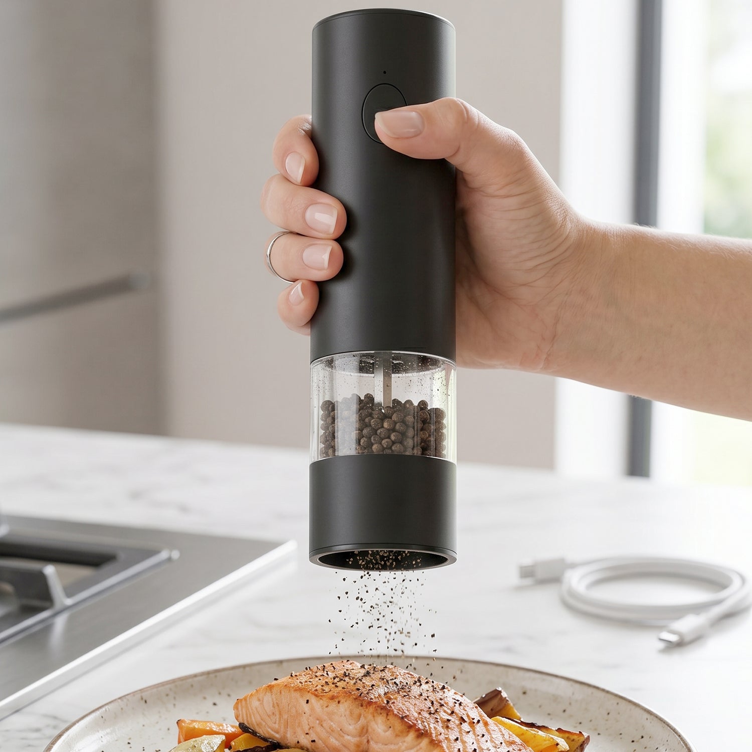 Stylish black electric pepper and salt grinder for home or restaurant