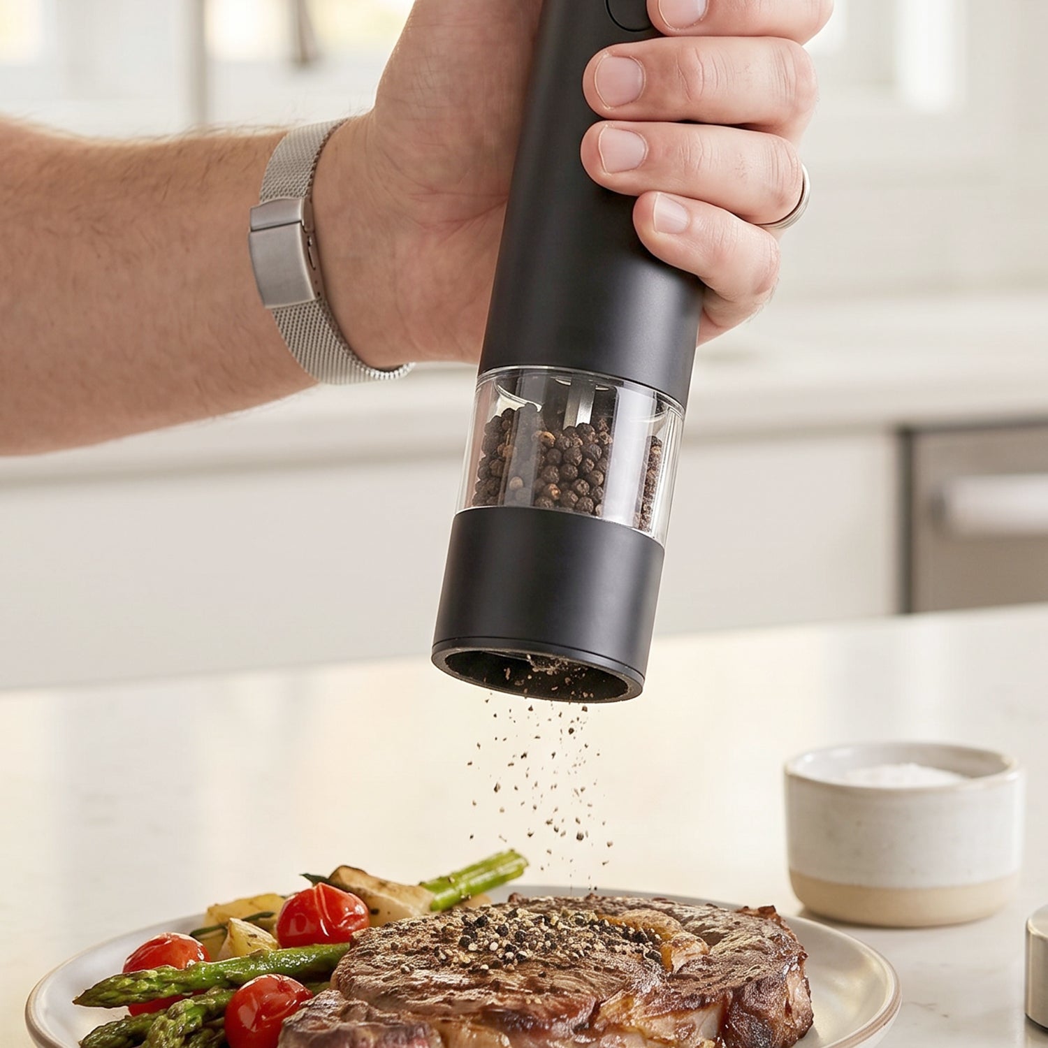 Stylish black electric salt and pepper mill for kitchen use