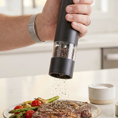 Stylish black electric salt and pepper mill for kitchen use