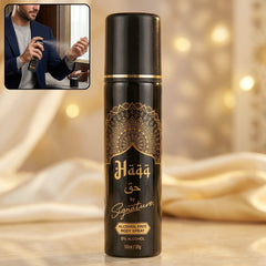 Signature Haqq Alcohol Free Body Spray black bottle with gold accents