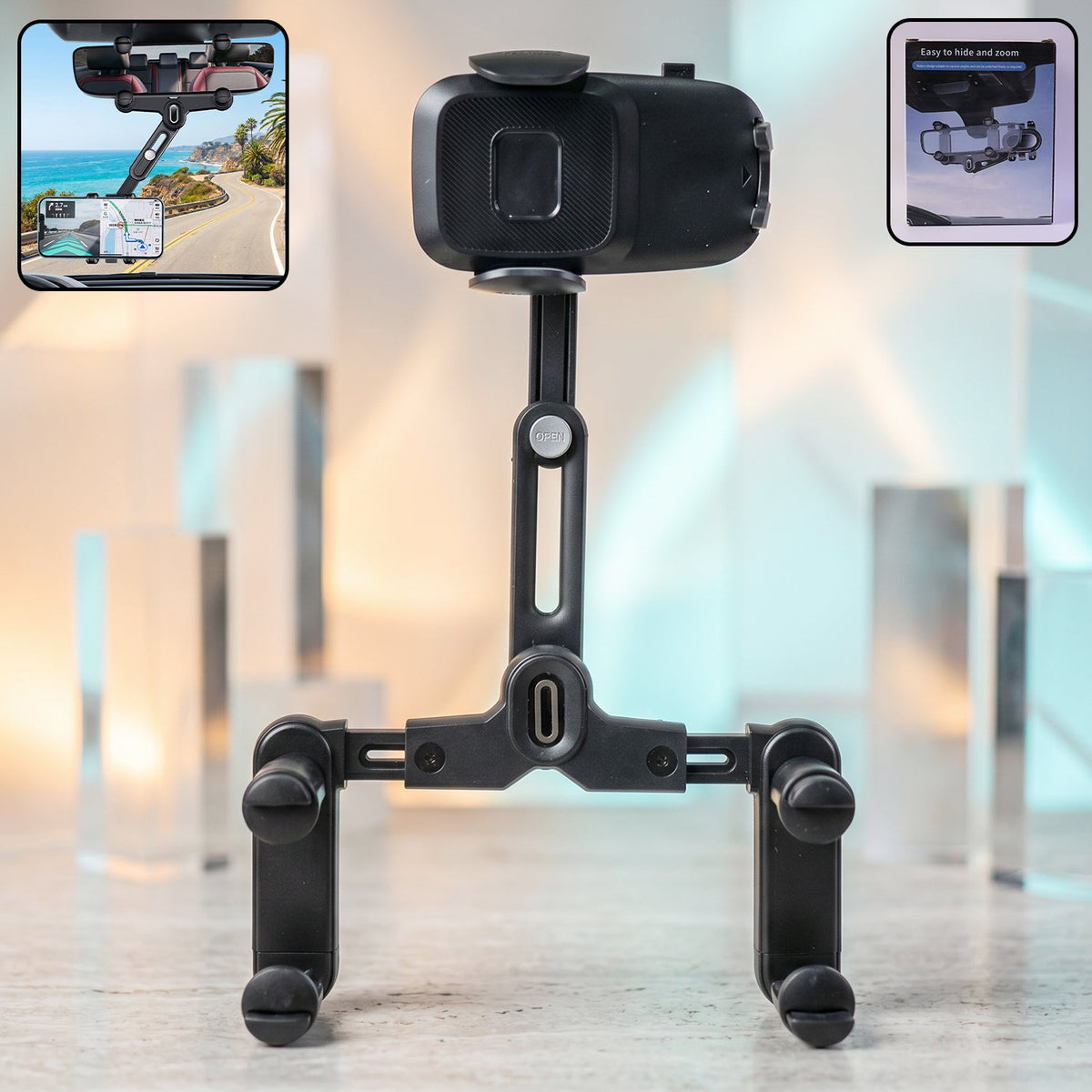 Car rearview mirror mobile phone holder with 360-degree rotation for secure grip
