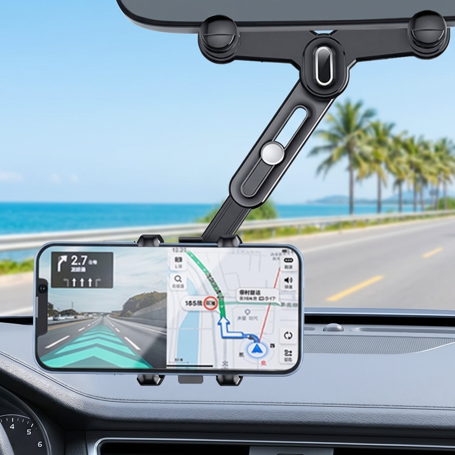 Multi-angle view of black car phone holder with retractable arm