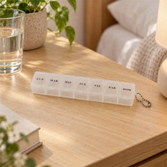 Close-up of medicine pill box.