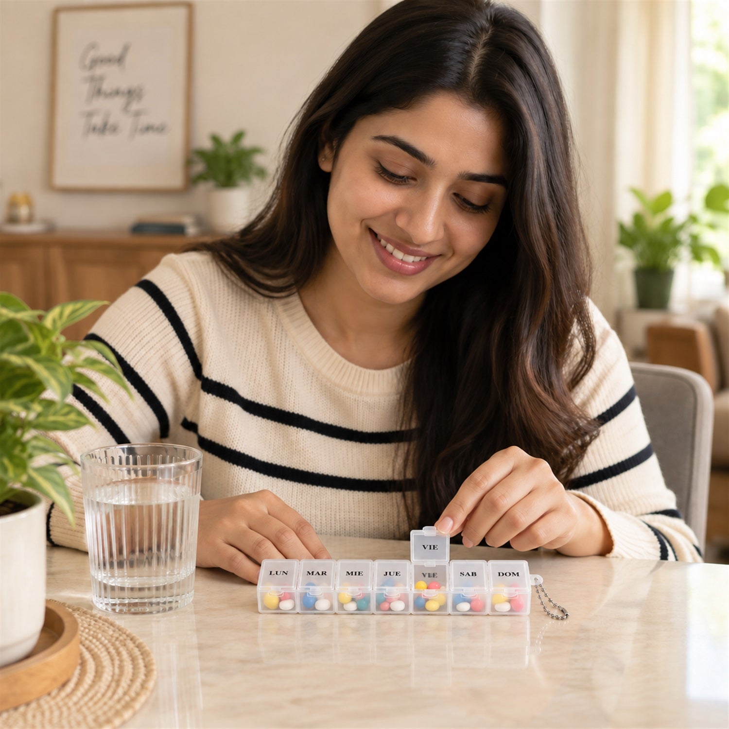 Details of medicine pill box with clear flip lids.