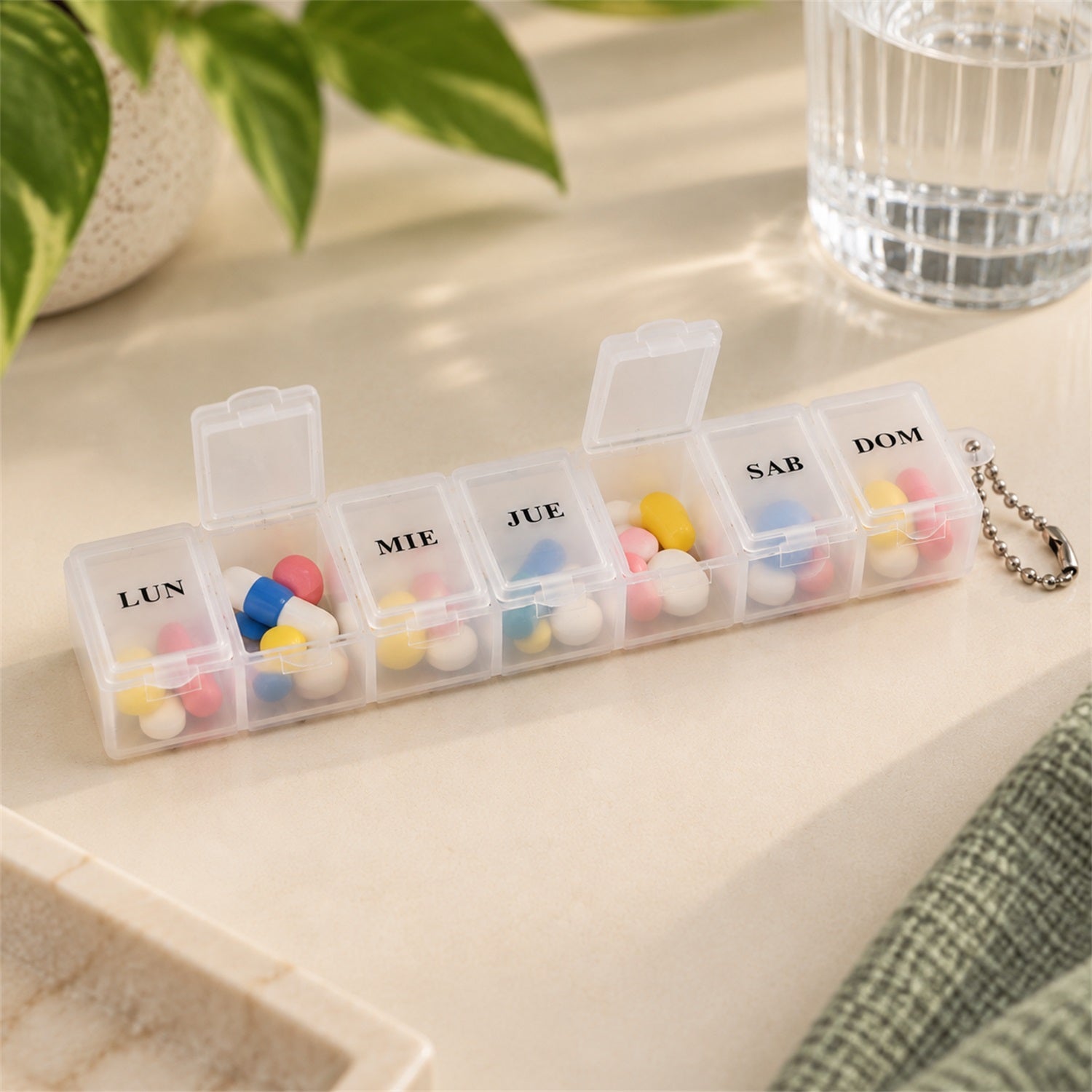 Display of medicine pill box with clear flip lids.