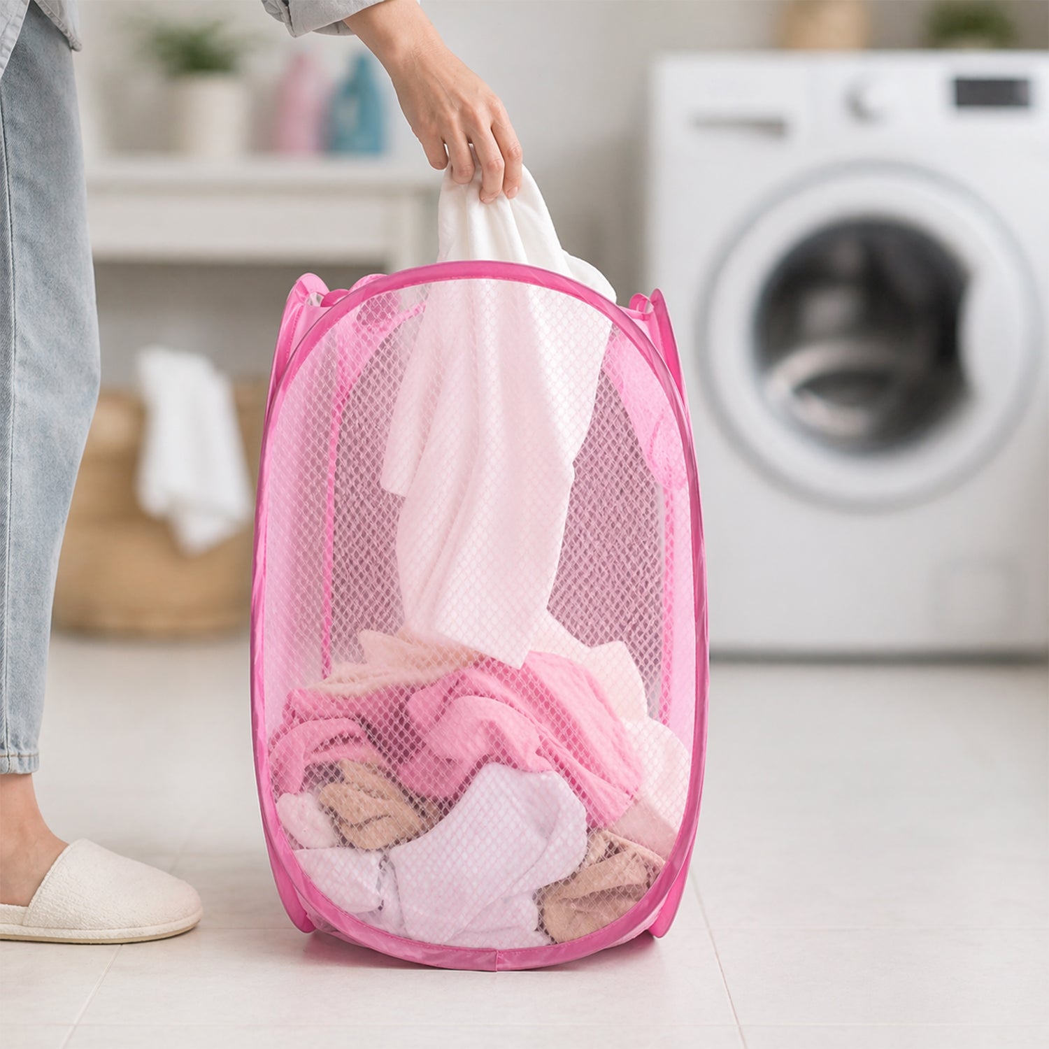 Foldable Mesh Laundry Basket Lightweight Clothes Hamper (1Pc, 32x32x58cm)