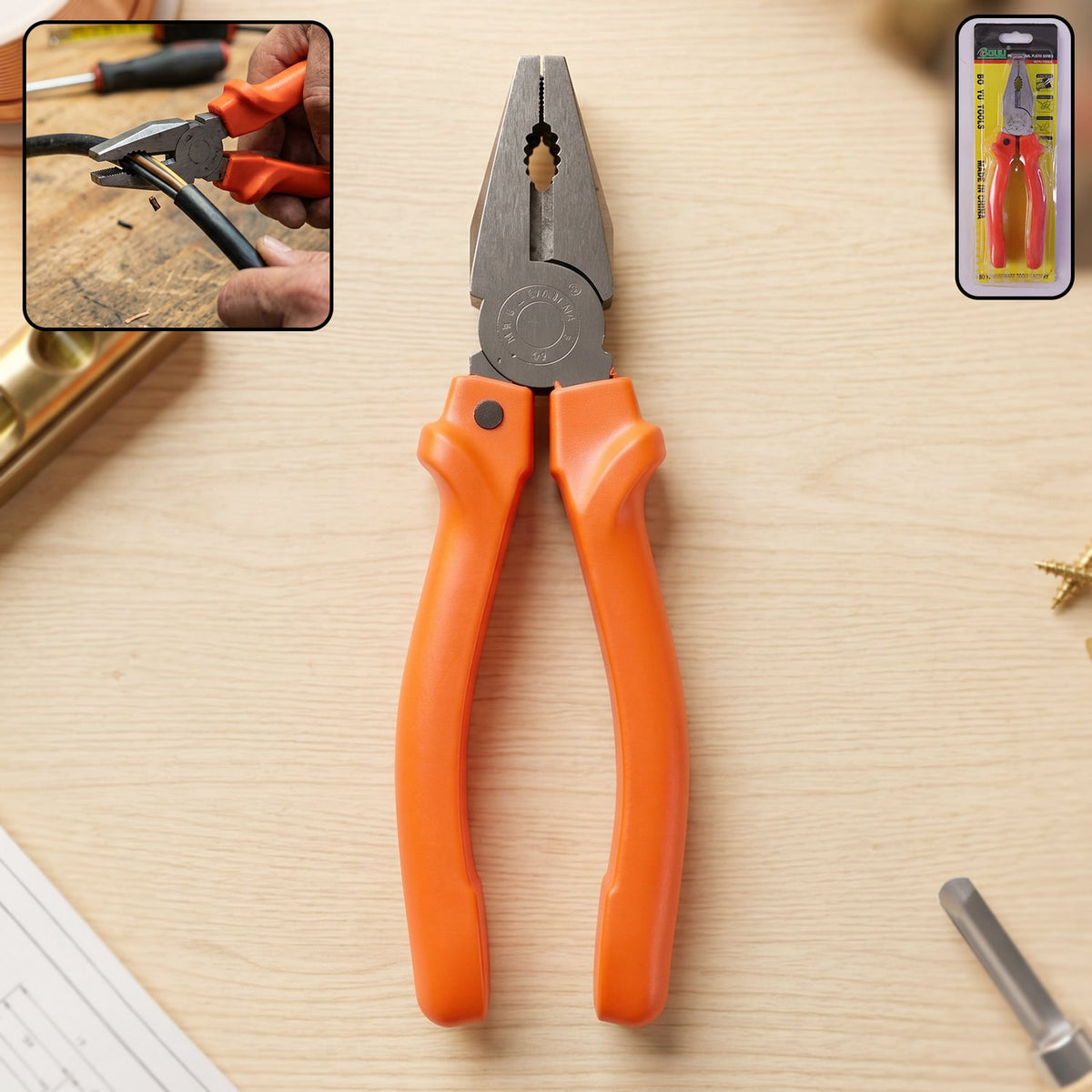 Heavy-duty combination pliers with orange handle and steel jaws for electrical work