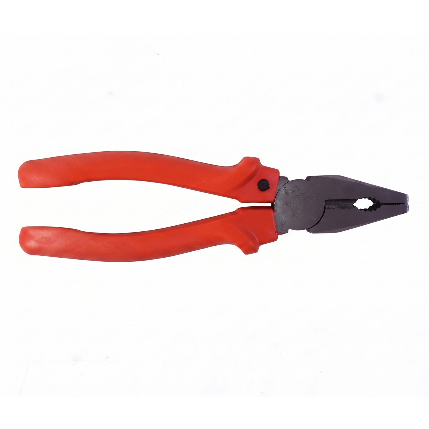 Tool with steel jaws and orange insulated handles for wire cutting and gripping