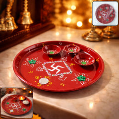 Hand-painted pooja thali with central Ganesha motif and three diyas