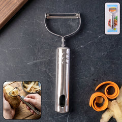 Vegetable and fruit peeler with peeled carrot and potato
