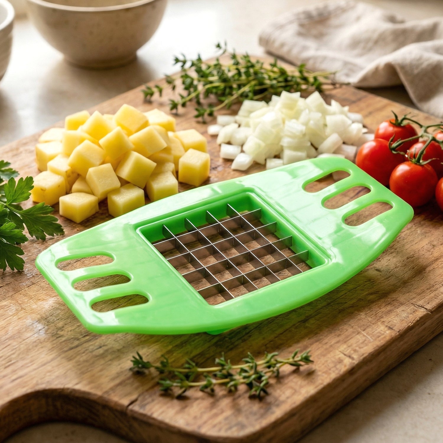 Potato cutter showing slicing in progress
