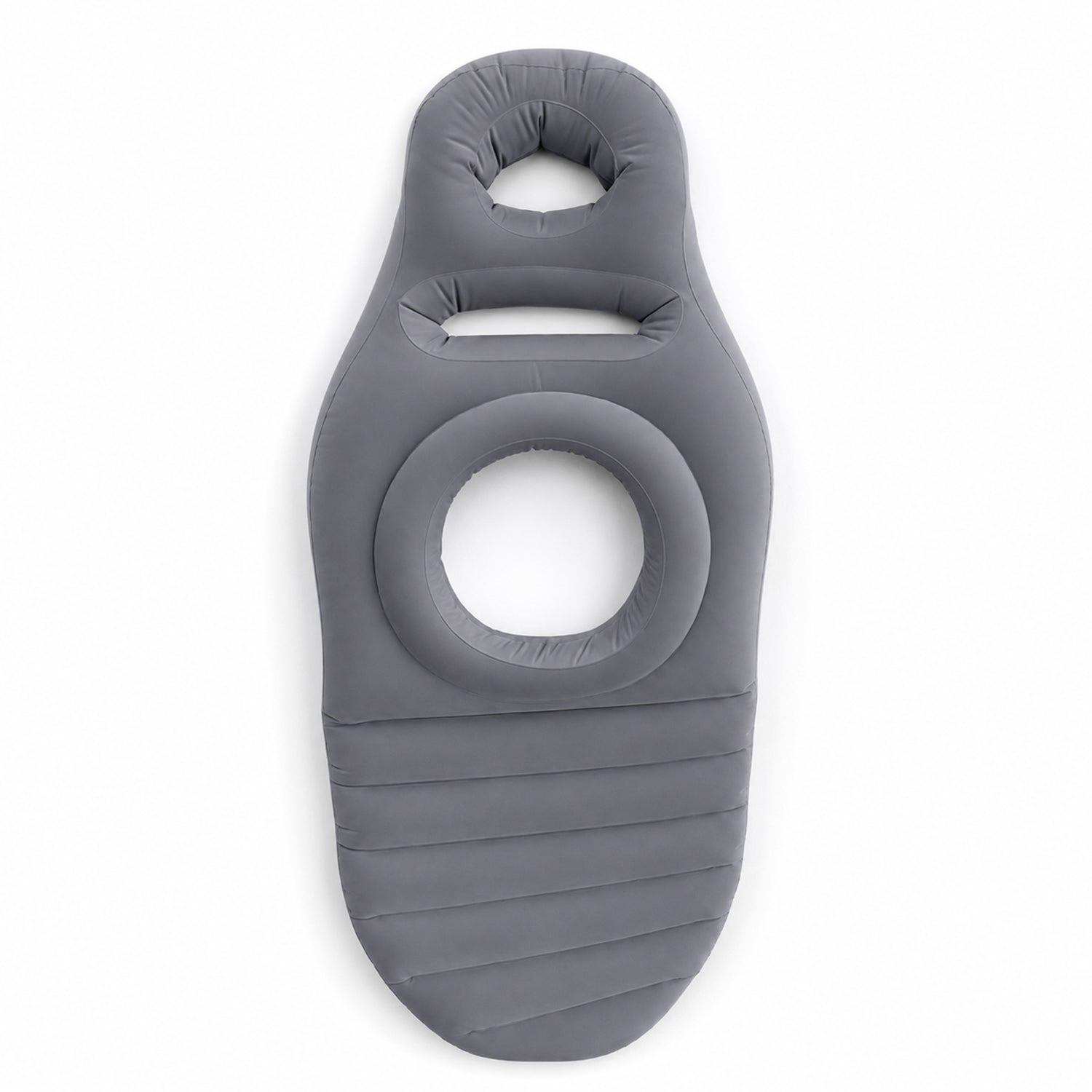 A grey inflatable mat with a belly hole and headrest is shown from a top-down perspective on a white background.