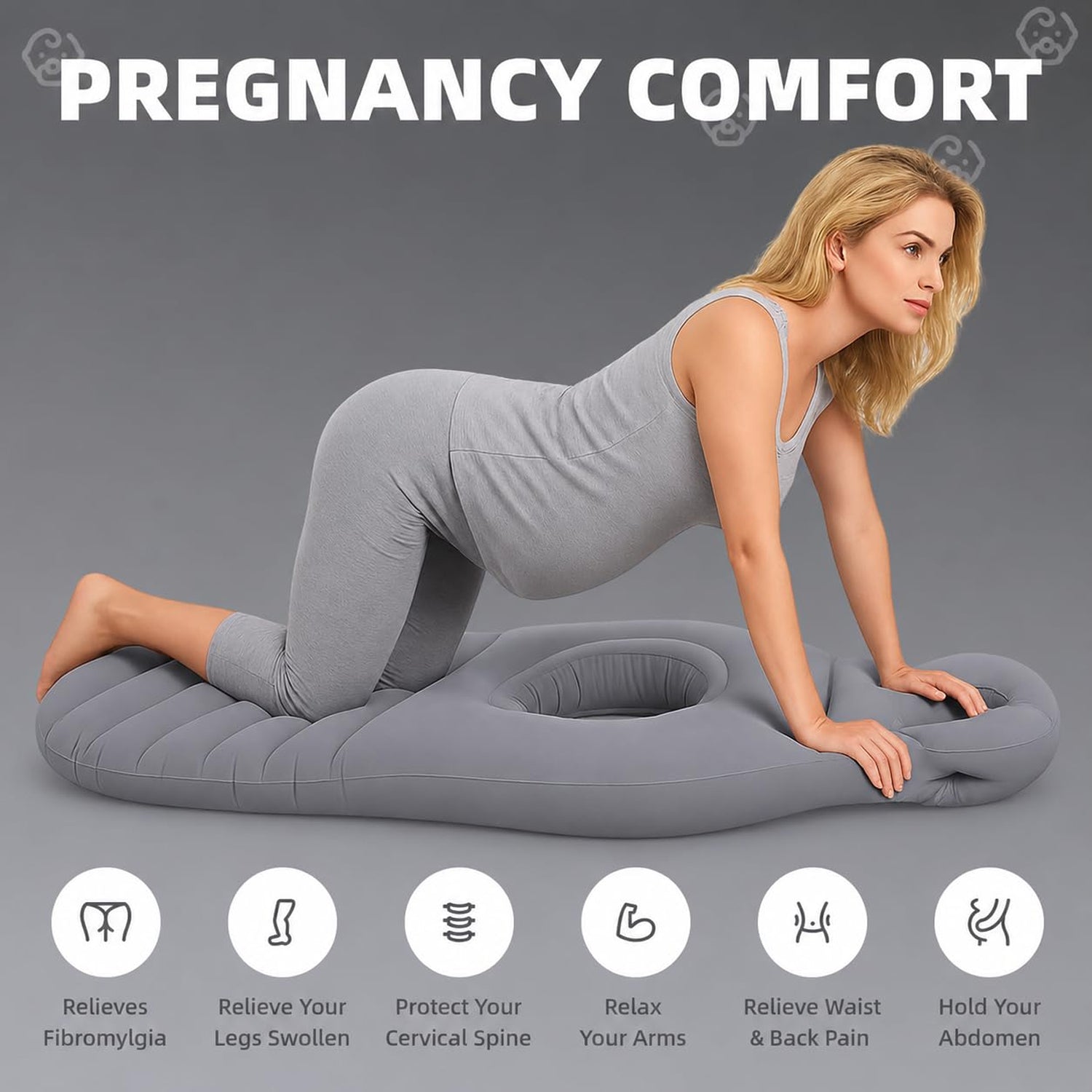 A pregnant woman in grey kneels on a grey inflatable mat with a belly hole, with text describing pregnancy comfort benefits.