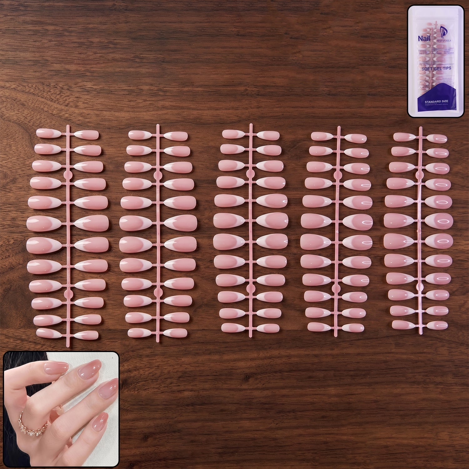 Close-up of artificial nail tips set with nude pink and white French tips