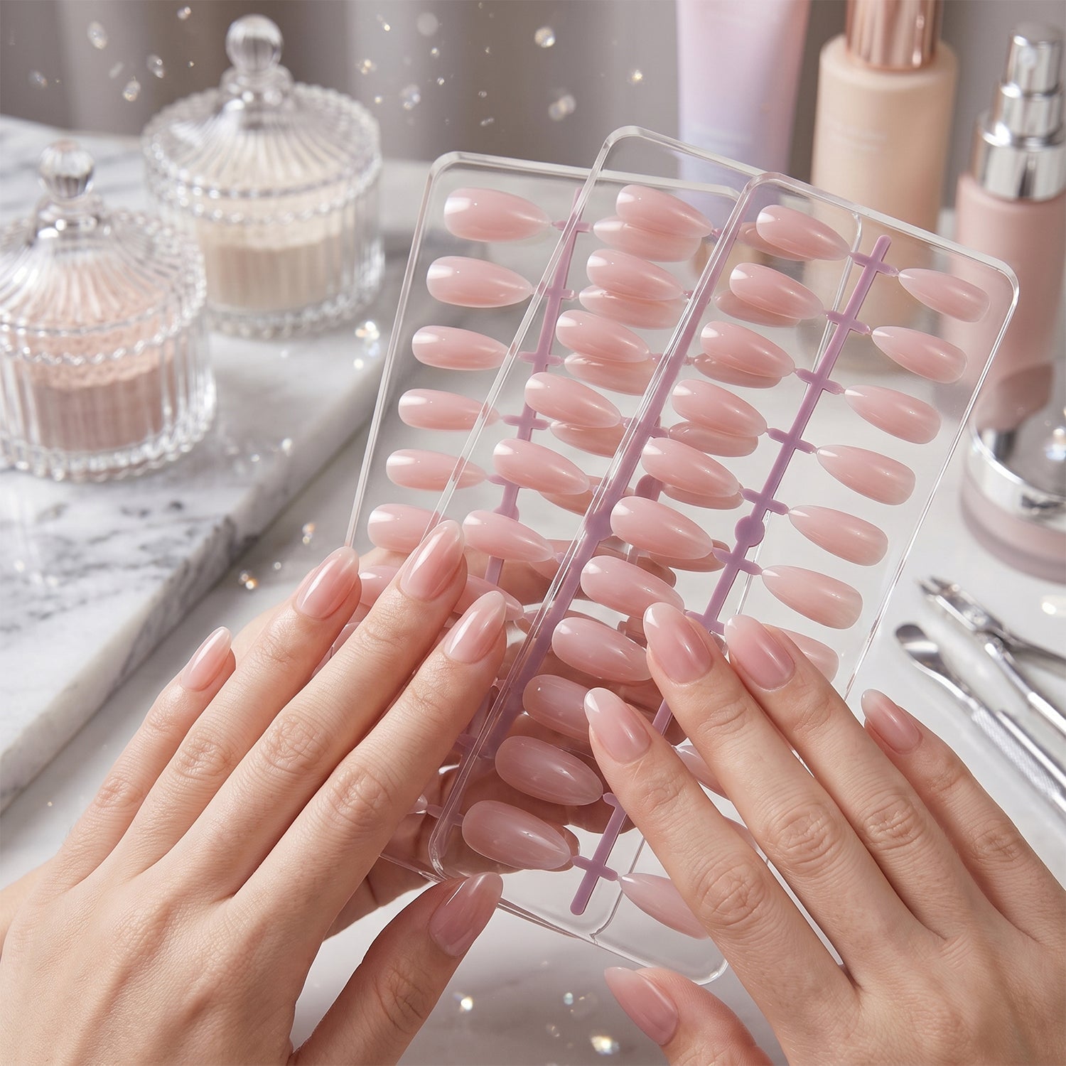 Detailed view of nail tips with white French tip design