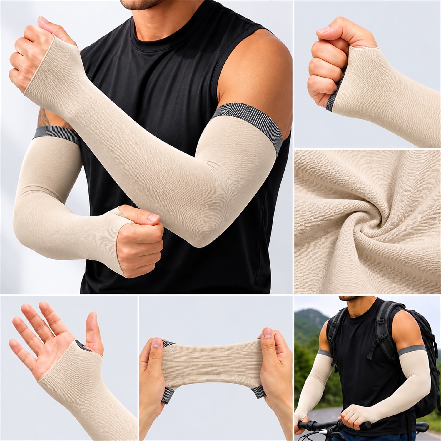A collage shows a man wearing beige arm sleeves, a close-up of the fabric, and a hand with a thumb hole.