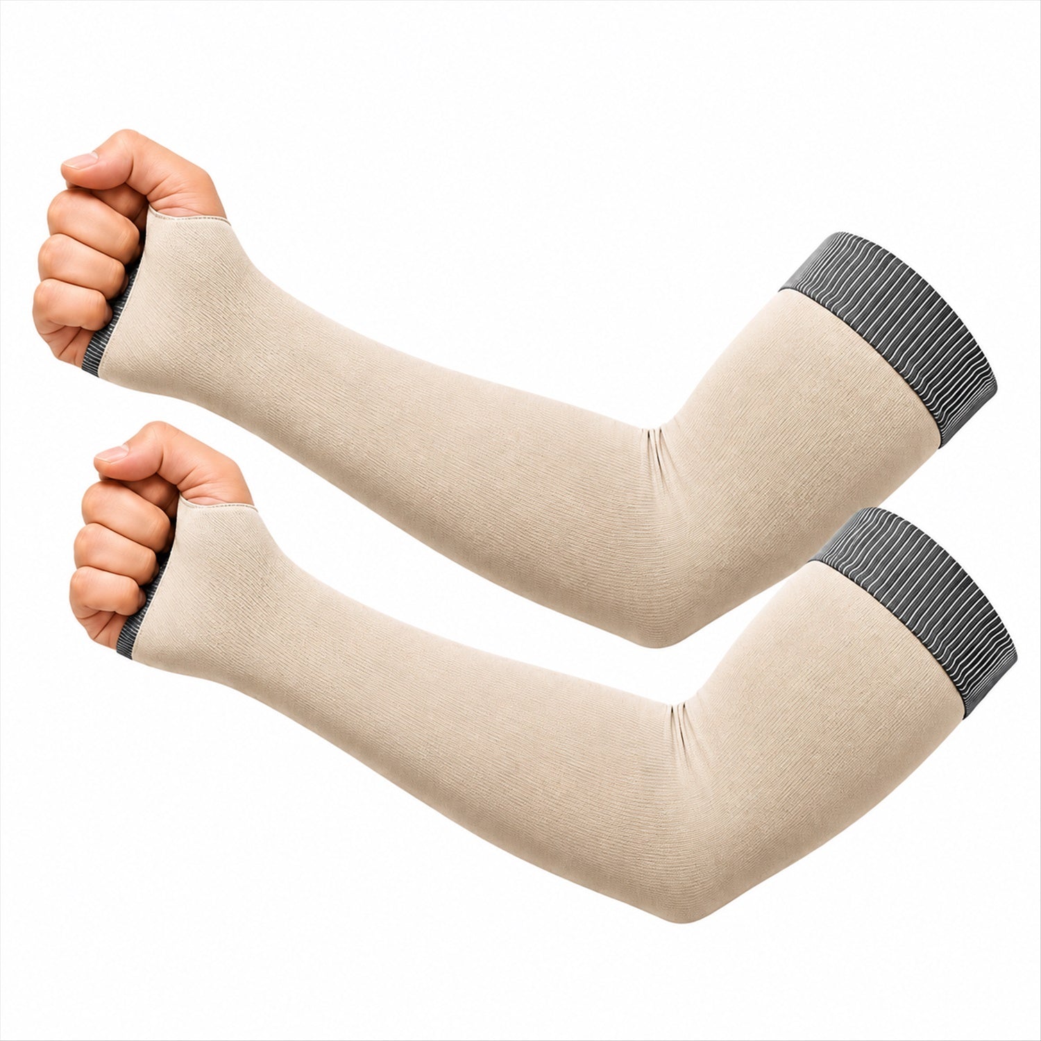 Two beige arm sleeves with gray striped cuffs and thumb holes are presented on a white background.