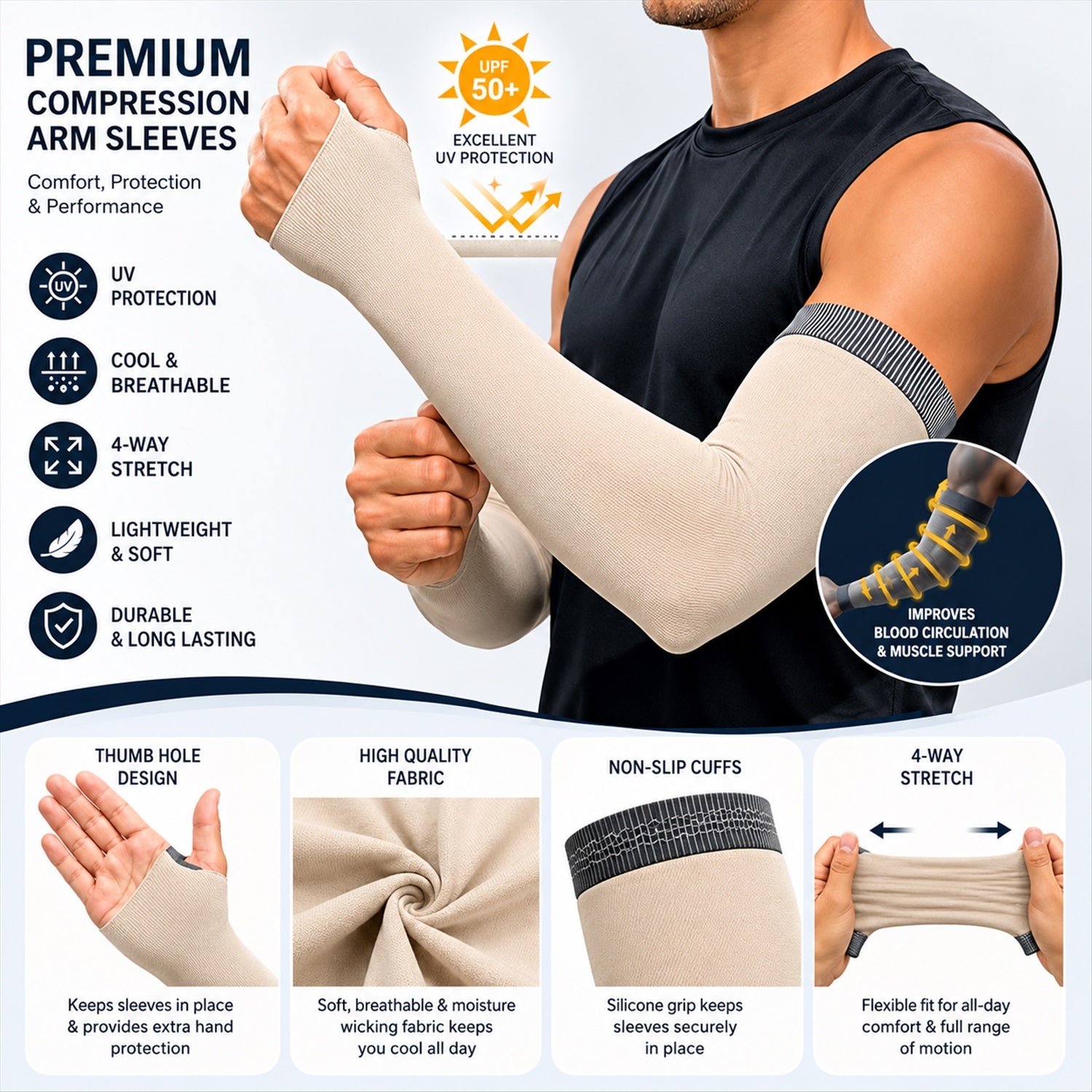 A man wears beige compression arm sleeves, with insets detailing fabric, cuffs, and stretch.
