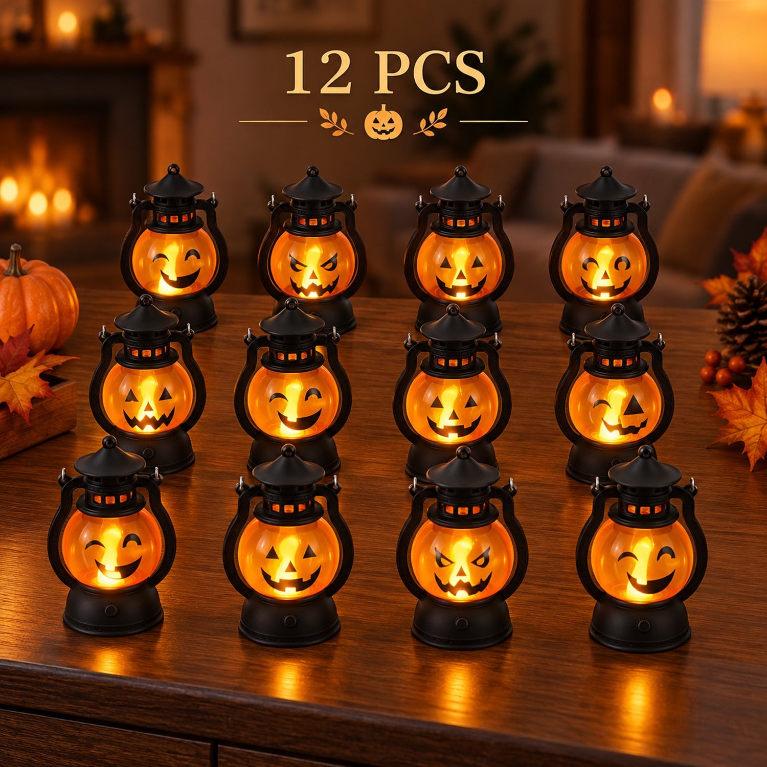 Twelve glowing pumpkin lanterns with various carved faces are arranged on a dark wooden table in a cozy setting.