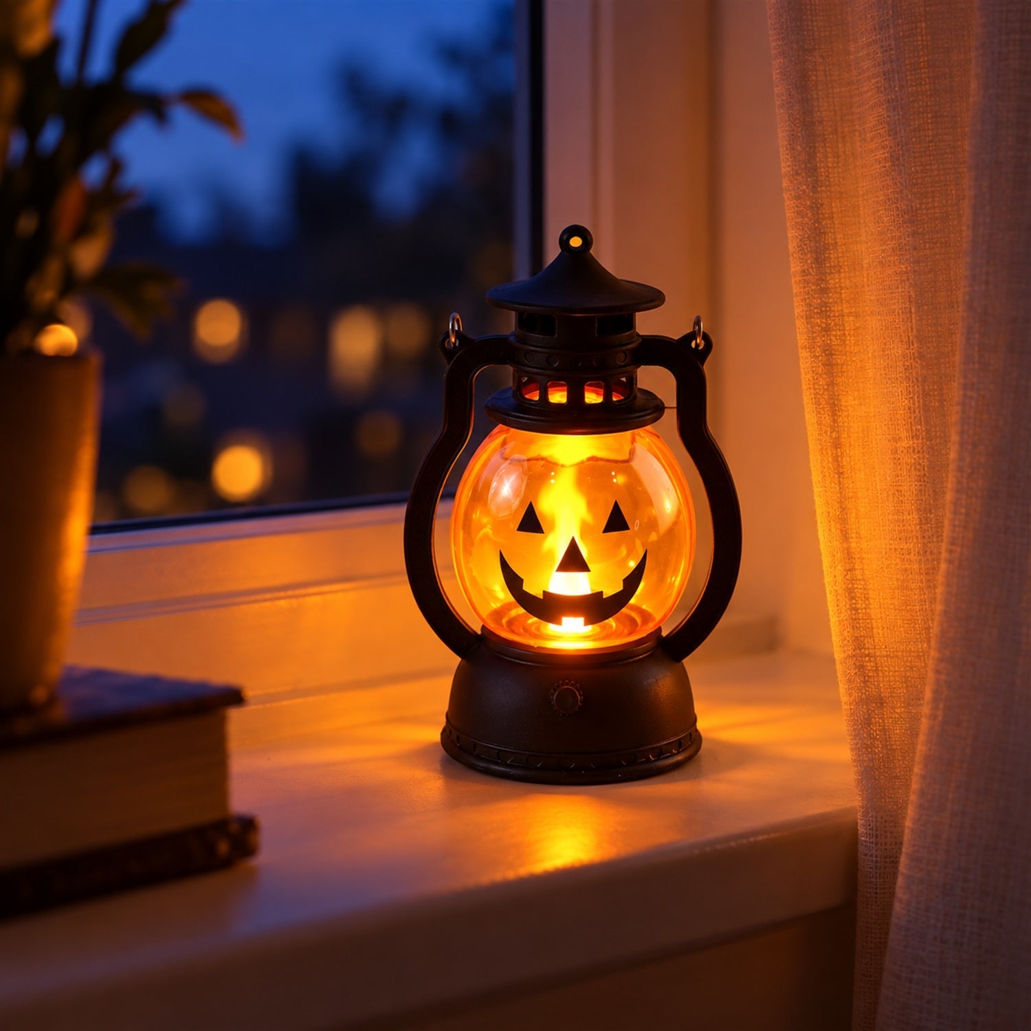 A single glowing pumpkin lantern sits on a window sill at dusk, casting a warm light beside a book.
