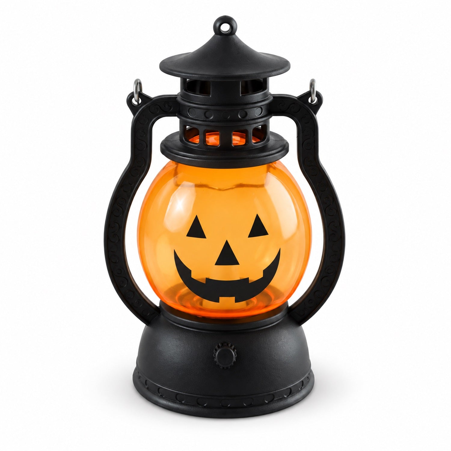 A single black and orange pumpkin lantern with a smiling face is centered on a clean white background.