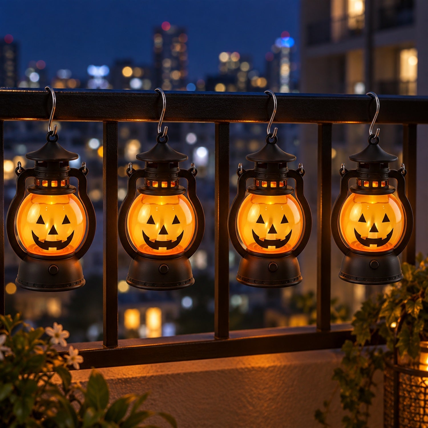 Four glowing pumpkin lanterns hang from a balcony railing at night, overlooking a city skyline.