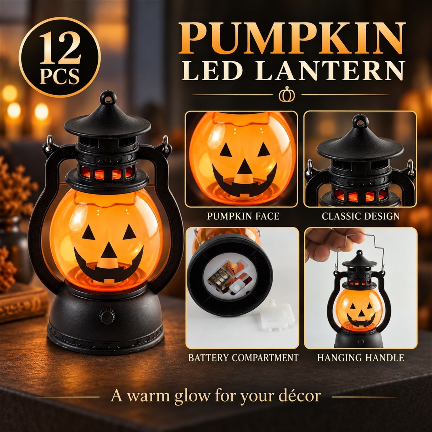 A pumpkin lantern is displayed with close-ups of its pumpkin face, classic design, battery compartment, and hanging handle.