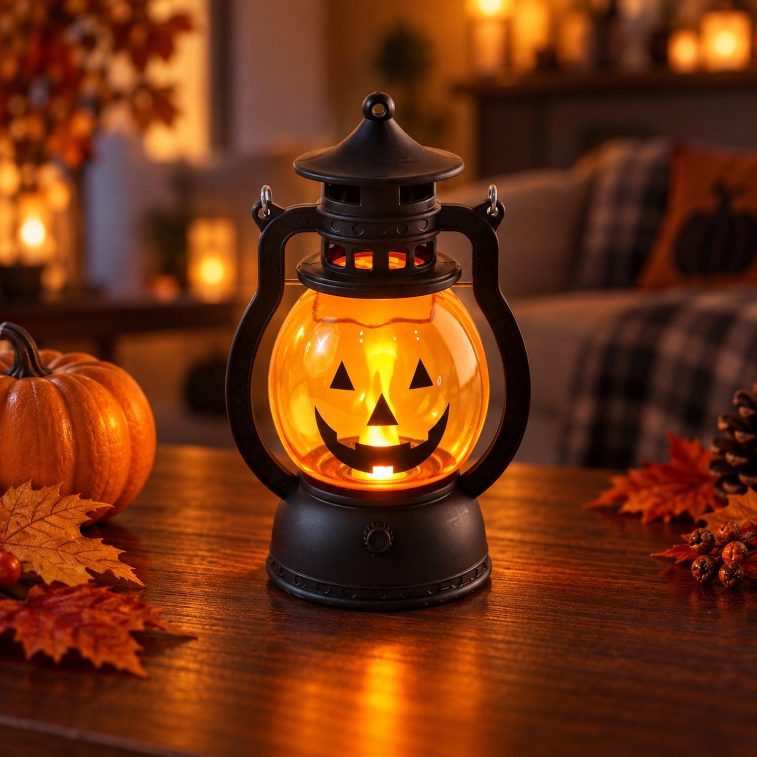 A single glowing pumpkin lantern sits on a wooden table, surrounded by fall leaves and a small pumpkin.