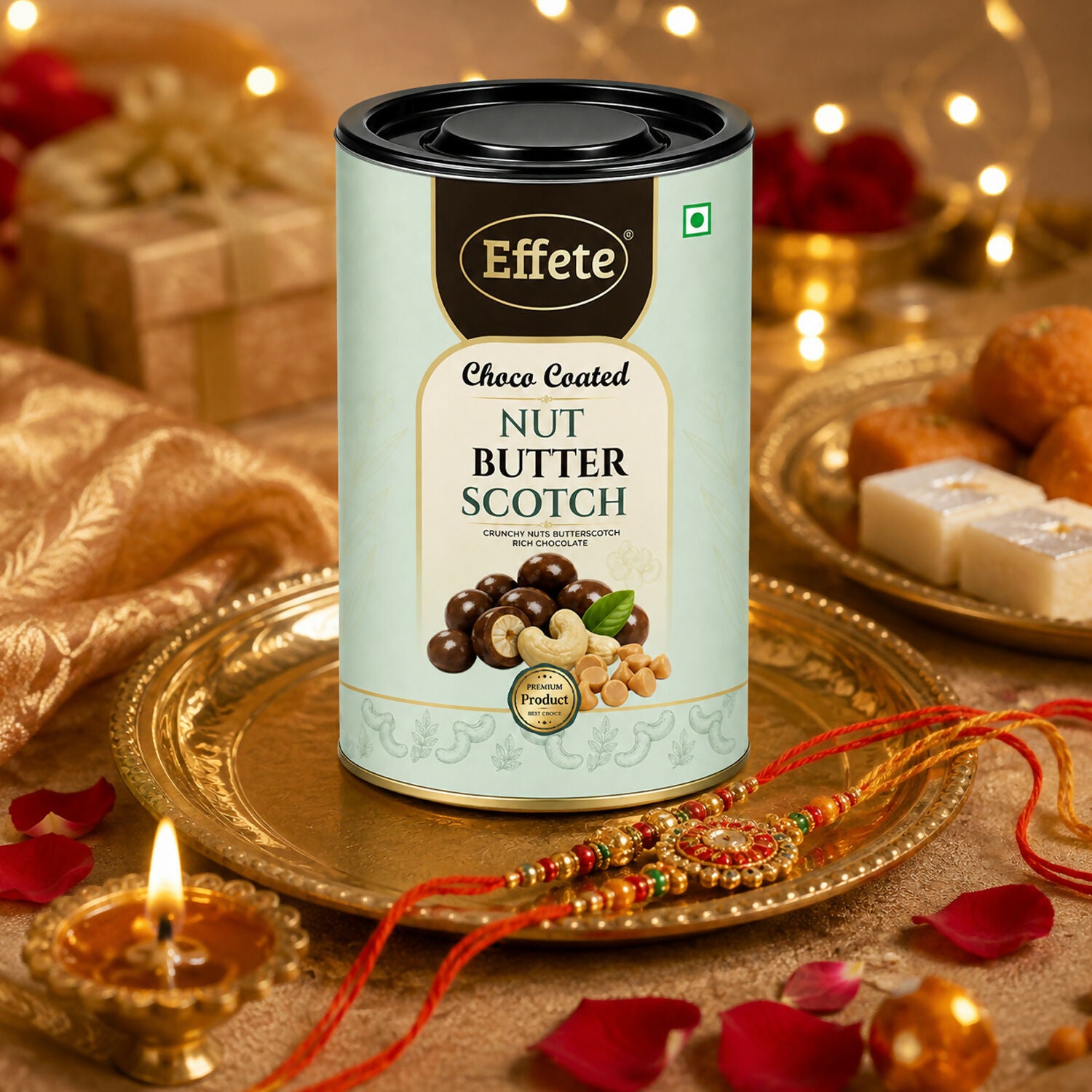The full premium packaging of Effete Choco Coated Nut Butterscotch Chocolate, ideal for gifting.